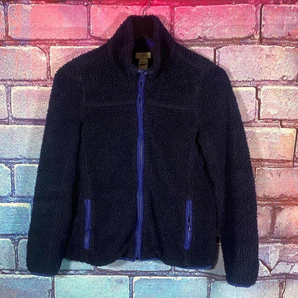 J.Crew XS Navy Faux Fur Sherpa Fleece Jacket Zip-Up Women’s Cozy - Picture 2 of 10